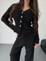 Женский Трикотажный Черный Костюм - Кардиган + Свободные Штаны