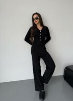 Женский Трикотажный Черный Костюм - Кардиган + Свободные Штаны
