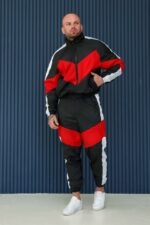 Мужской Черный Спортивный Костюм Плащевка с Красными Вставками - Олимпийка + Джоггеры