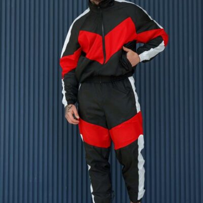 Мужской Черный Спортивный Костюм Плащевка с Красными Вставками - Олимпийка + Джоггеры