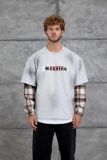 Мужской Серый Меланж Свитшот Оверсайз с Комбинированным Двойным Рукавом в Клеточку