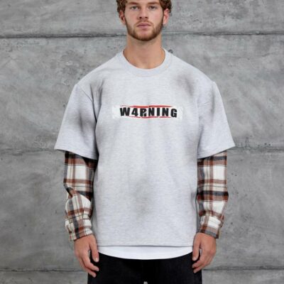 Мужской Серый Меланж Свитшот Оверсайз с Комбинированным Двойным Рукавом в Клеточку