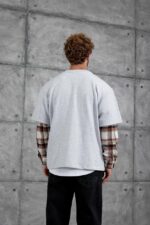 Мужской Серый Меланж Свитшот Оверсайз с Комбинированным Двойным Рукавом в Клеточку