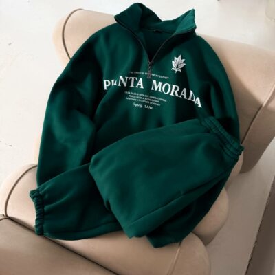 Мужской Теплый Зеленый Спортивный Костюм "Planta Morada" с Начесом - Кофта с Коротким Замком + Штаны