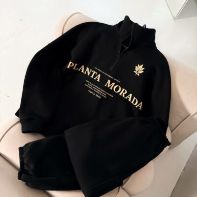 Мужской Теплый Черный Спортивный Костюм "Planta Morada" с Начесом - Кофта с Коротким Замком + Штаны