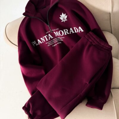 Мужской Теплый Бордовый Спортивный Костюм "Planta Morada" с Начесом - Кофта с Коротким Замком + Штаны