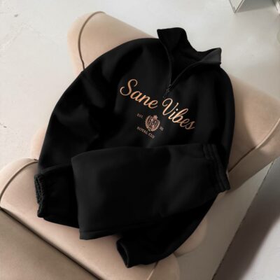 Мужской Теплый Черный Спортивный Костюм "Sane Vibes" с Начесом - Кофта под Горло + Штаны