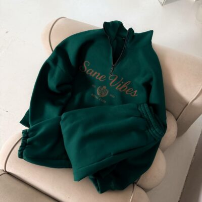 Мужской Теплый Зеленый Спортивный Костюм "Sane Vibes" с Начесом - Кофта под Горло + Штаны