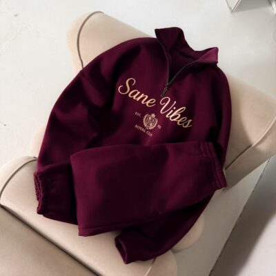 Мужской Теплый Бордовый Спортивный Костюм "Sane Vibes" с Начесом - Кофта под Горло + Штаны
