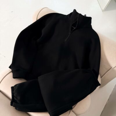 Мужской Теплый Базовый Черный Костюм с Начесом - Кофта под Горло на Коротком Замку + Штаны Джоггеры