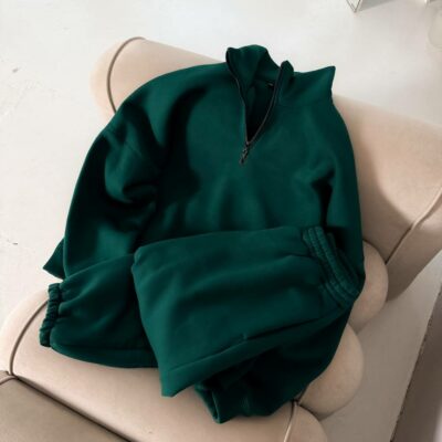 Мужской Теплый Базовый Зеленый Костюм с Начесом - Кофта под Горло на Коротком Замку + Штаны Джоггеры