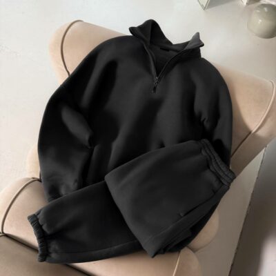 Мужской Теплый Базовый Графитовый Костюм с Начесом - Кофта под Горло на Коротком Замку + Штаны Джоггеры