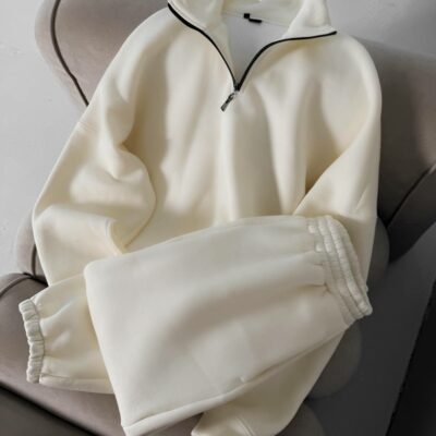 Мужской Теплый Базовый Молочный Костюм с Начесом - Кофта под Горло на Коротком Замку + Штаны Джоггеры