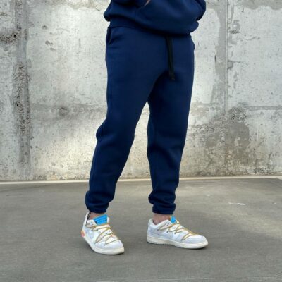 Мужские Утепленные Темно-Синие Спортивные Штаны Джоггеры на Флисе с Затяжками