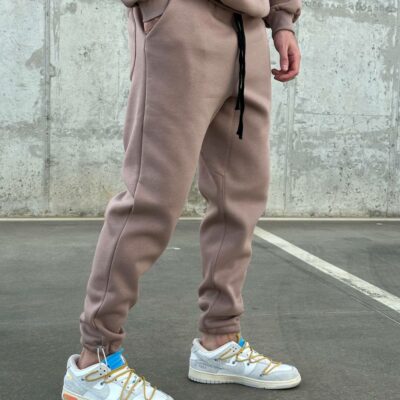 Мужские Утепленные Бежевые Спортивные Штаны Джоггеры на Флисе с Затяжками