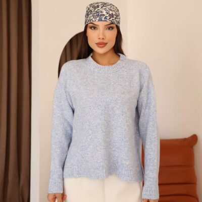 Женский Теплый Базовый Голубой Свитер Оверсайз с Разрезами по Бокам