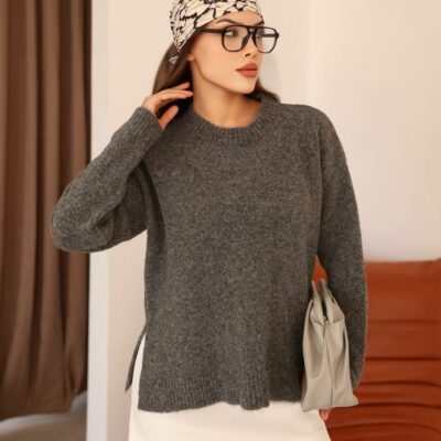Женский Теплый Базовый Графитовый Свитер Оверсайз с Разрезами по Бокам