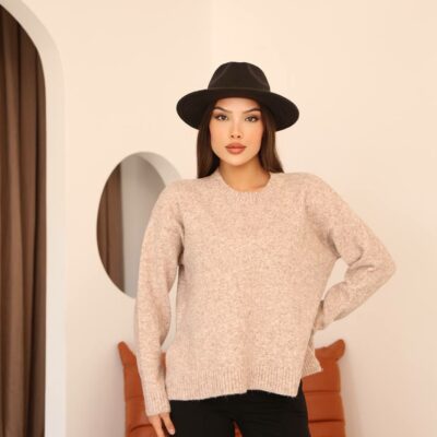 Женский Теплый Базовый Свитер Мокко Оверсайз с Разрезами по Бокам