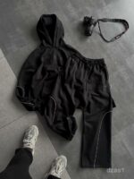 Мужской Черный Костюм Худи Штаны Оверсайз с Вышивкой и Кантом - Утепленный на Флисе