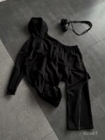 Мужской Черный Костюм Худи Штаны Оверсайз с Вышивкой и Кантом - Утепленный на Флисе