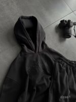 Мужской Черный Костюм Худи Штаны Оверсайз с Вышивкой и Кантом - Утепленный на Флисе