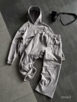 Мужской Серый Костюм Худи Штаны Оверсайз с Вышивкой и Кантом - Утепленный на Флисе