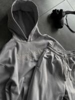 Мужской Серый Костюм Худи Штаны Оверсайз с Вышивкой и Кантом - Утепленный на Флисе