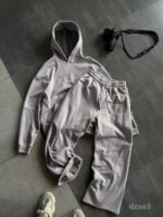 Мужской Серый Костюм Худи Штаны Оверсайз с Вышивкой и Кантом - Утепленный на Флисе