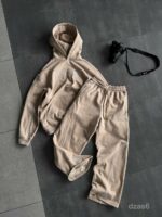 Мужской Бежевый Костюм Худи Штаны Оверсайз с Вышивкой и Кантом - Утепленный на Флисе