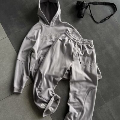 Мужской Серый Костюм Худи Штаны Оверсайз с Вышивкой и Кантом - Утепленный на Флисе