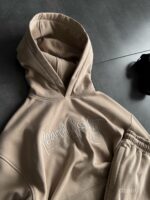 Мужской Бежевый Костюм Худи Штаны Оверсайз с Вышивкой и Кантом - Утепленный на Флисе