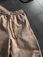 Мужской Бежевый Костюм Худи Штаны Оверсайз с Вышивкой и Кантом - Утепленный на Флисе