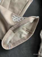 Мужской Бежевый Костюм Худи Штаны Оверсайз с Вышивкой и Кантом - Утепленный на Флисе