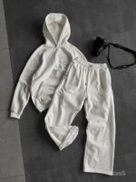 Мужской Белый Костюм Худи Штаны Оверсайз с Вышивкой и Кантом - Утепленный на Флисе