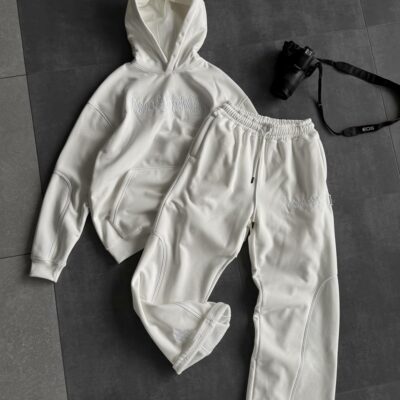 Мужской Белый Костюм Худи Штаны Оверсайз с Вышивкой и Кантом - Утепленный на Флисе