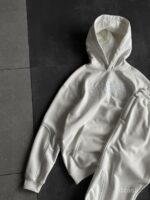 Мужской Белый Костюм Худи Штаны Оверсайз с Вышивкой и Кантом - Утепленный на Флисе