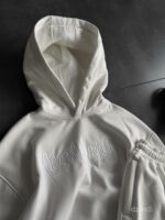 Мужской Белый Костюм Худи Штаны Оверсайз с Вышивкой и Кантом - Утепленный на Флисе