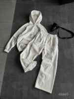 Мужской Белый Костюм Худи Штаны Оверсайз с Вышивкой и Кантом - Утепленный на Флисе