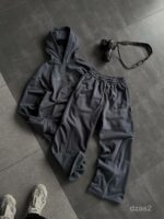 Мужской Графитовый Костюм Худи Штаны Оверсайз с Вышивкой и Кантом - Утепленный на Флисе