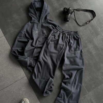 Мужской Графитовый Костюм Худи Штаны Оверсайз с Вышивкой и Кантом - Утепленный на Флисе