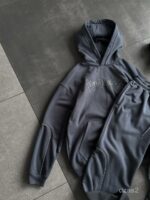 Мужской Графитовый Костюм Худи Штаны Оверсайз с Вышивкой и Кантом - Утепленный на Флисе