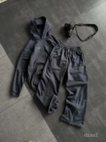 Мужской Графитовый Костюм Худи Штаны Оверсайз с Вышивкой и Кантом - Утепленный на Флисе