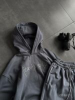 Мужской Графитовый Костюм Худи Штаны Оверсайз с Вышивкой и Кантом - Утепленный на Флисе