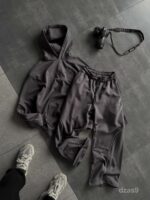 Мужской Темно-Серый Костюм Худи Штаны Оверсайз с Вышивкой и Кантом - Утепленный на Флисе