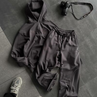 Мужской Темно-Серый Костюм Худи Штаны Оверсайз с Вышивкой и Кантом - Утепленный на Флисе