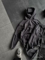 Мужской Темно-Серый Костюм Худи Штаны Оверсайз с Вышивкой и Кантом - Утепленный на Флисе