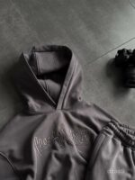 Мужской Темно-Серый Костюм Худи Штаны Оверсайз с Вышивкой и Кантом - Утепленный на Флисе