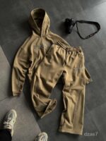 Мужской Хаки Костюм Худи Штаны Оверсайз с Вышивкой и Кантом - Утепленный на Флисе