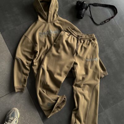 Мужской Хаки Костюм Худи Штаны Оверсайз с Вышивкой и Кантом - Утепленный на Флисе