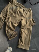 Мужской Хаки Костюм Худи Штаны Оверсайз с Вышивкой и Кантом - Утепленный на Флисе